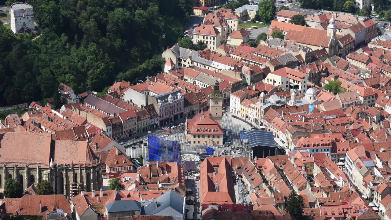 Aerial drone view of The Council Square in the historic center of Brasov, Romania