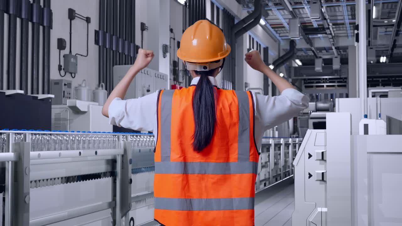 Back View Of A Female Engineer With Safety Helmet Raising Her Hands Celebrating While Working With Water Production in Bottling Factory