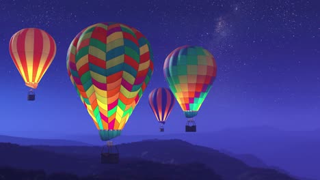 Colorful,-glowing-hot-air-balloons-flying-over-the-mountains-during-a-night.-Three-large-multi-colored-vibrant-balloons-slowly-rising-against-a-dark-sky-with-stars.-Travel,-adventure,-festival.