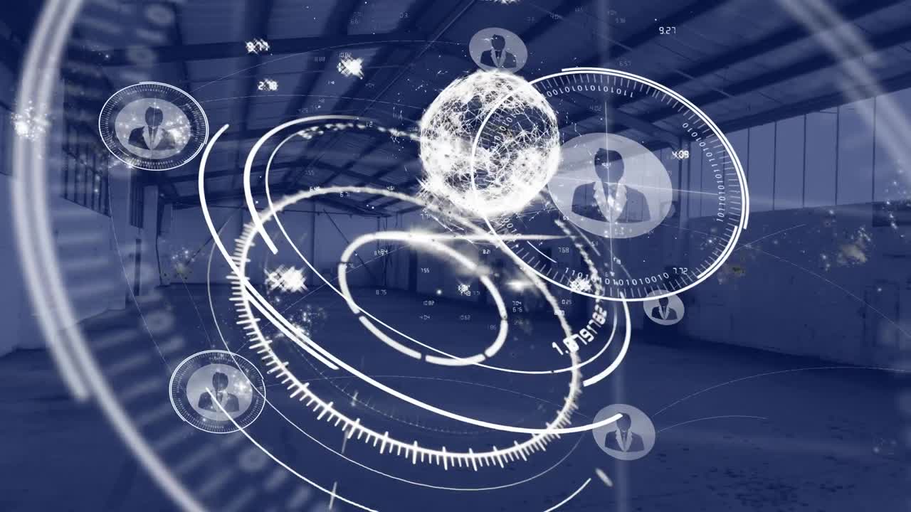 анимация вращающегося глобуса с цифровыми иконами над пустым складом