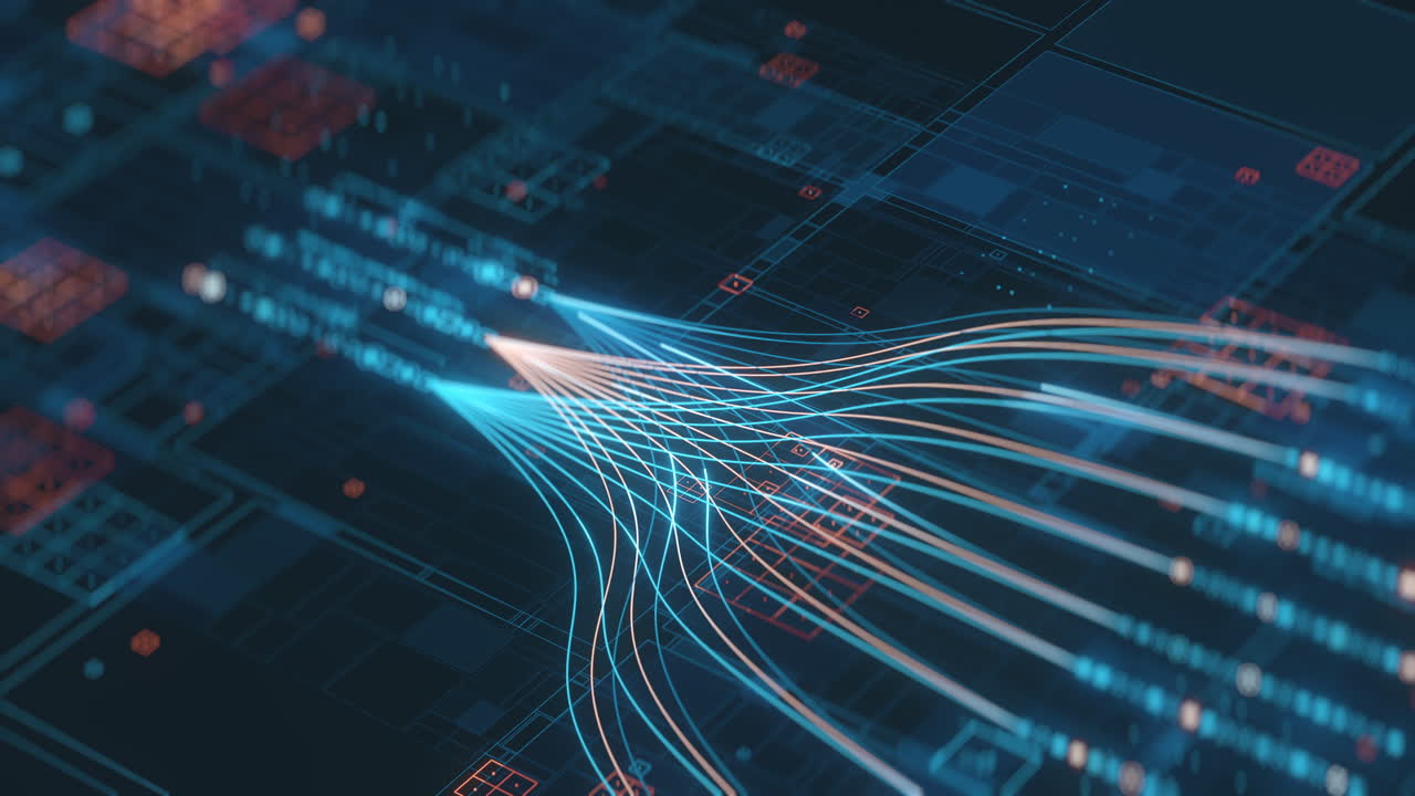 This video portrays the complex flow of digital information and big data streams, illustrating concepts of network connectivity, data analysis, and advanced technological infrastructure