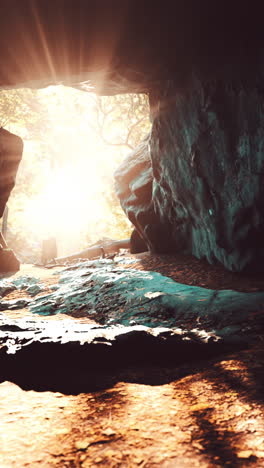 breathtaking scenery of bright sun rays falling inside a cave illuminating