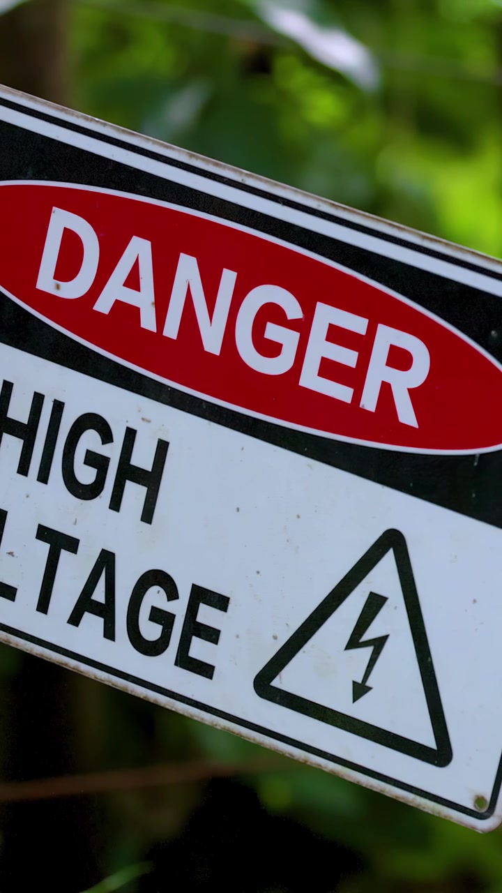 Un cartel metálico de advertencia de peligro de alto voltaje se balancea en un cable al aire libre, rodeado de follaje verde. Luz natural del día, movimiento de cámara manual o balanceante.