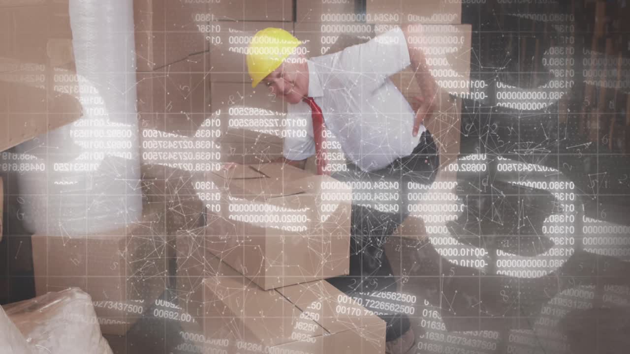 animación de blockchain sobre caucásico trabajador sénior de almacén