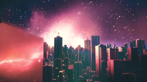 retro futuristic city flythrough seamless loop. 80s sci-fi landscape in space