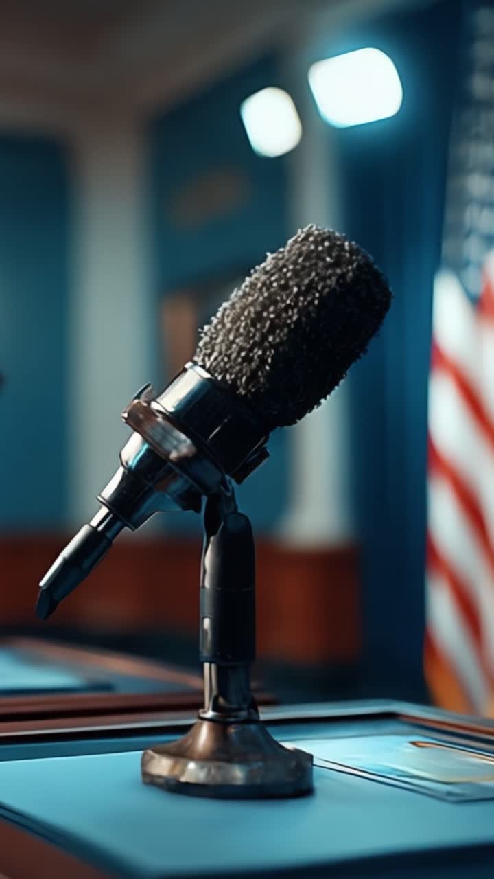A Close-Up of a Professional Microphone on a Podium in a Conference Room Decorated with American Flags, Ready for Speeches and Announcements