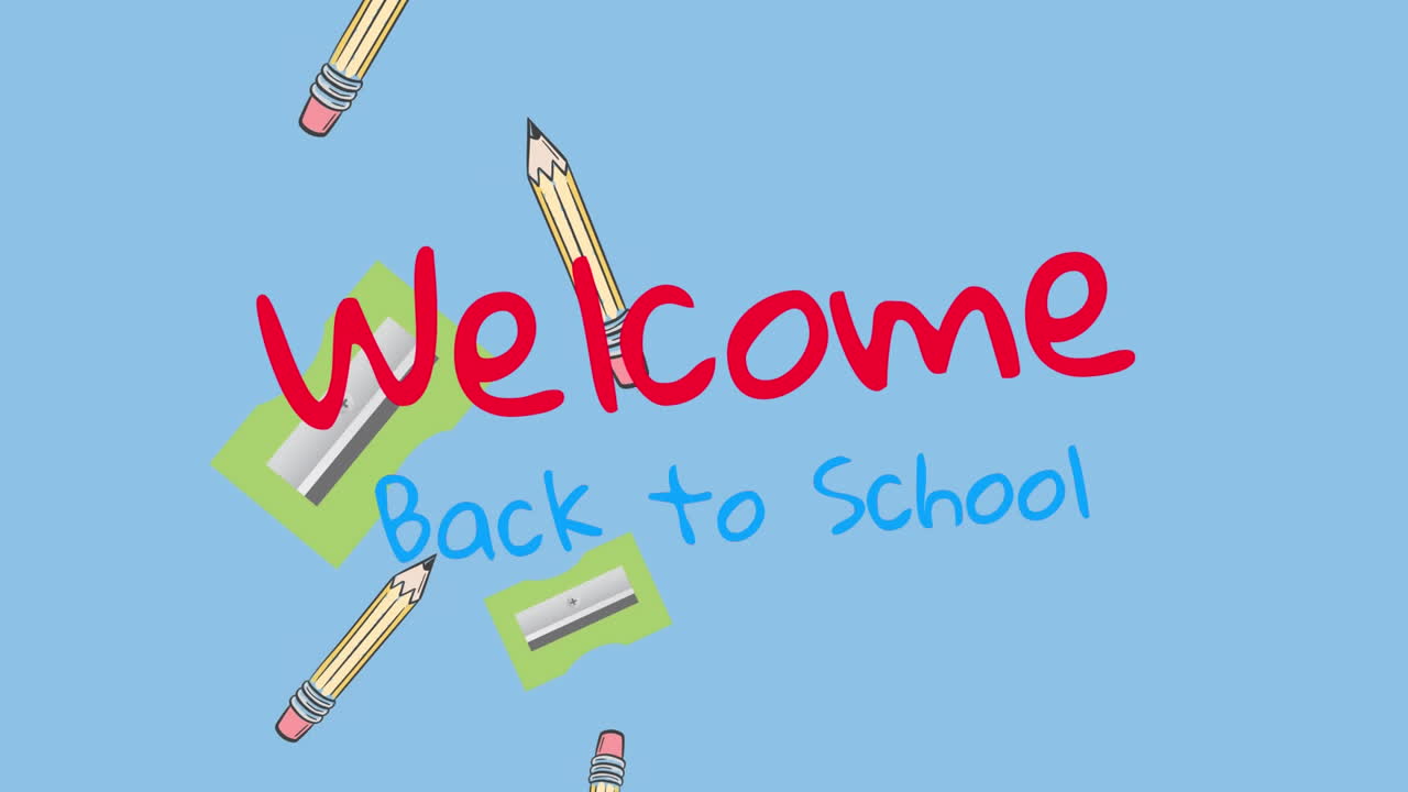 학교 아이템 아이콘 위에 학교로 돌아가는 텍스트의 애니메이션