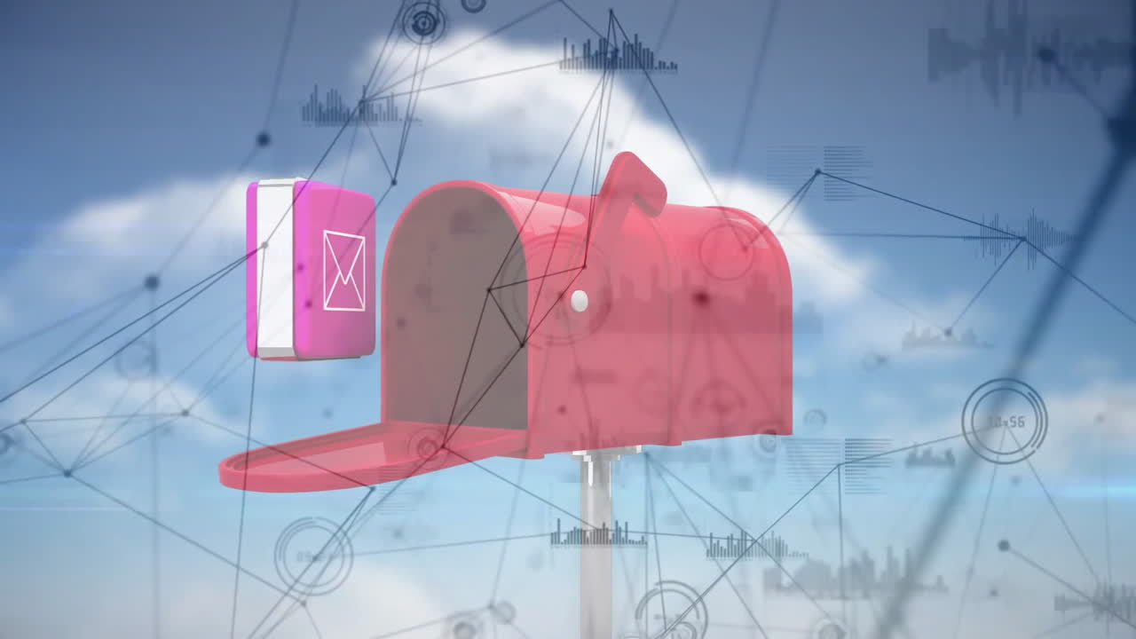 파란 하늘 위에 이메일 아이콘과 네트워크 연결 애니메이션을 가진 빨간 메일 박스