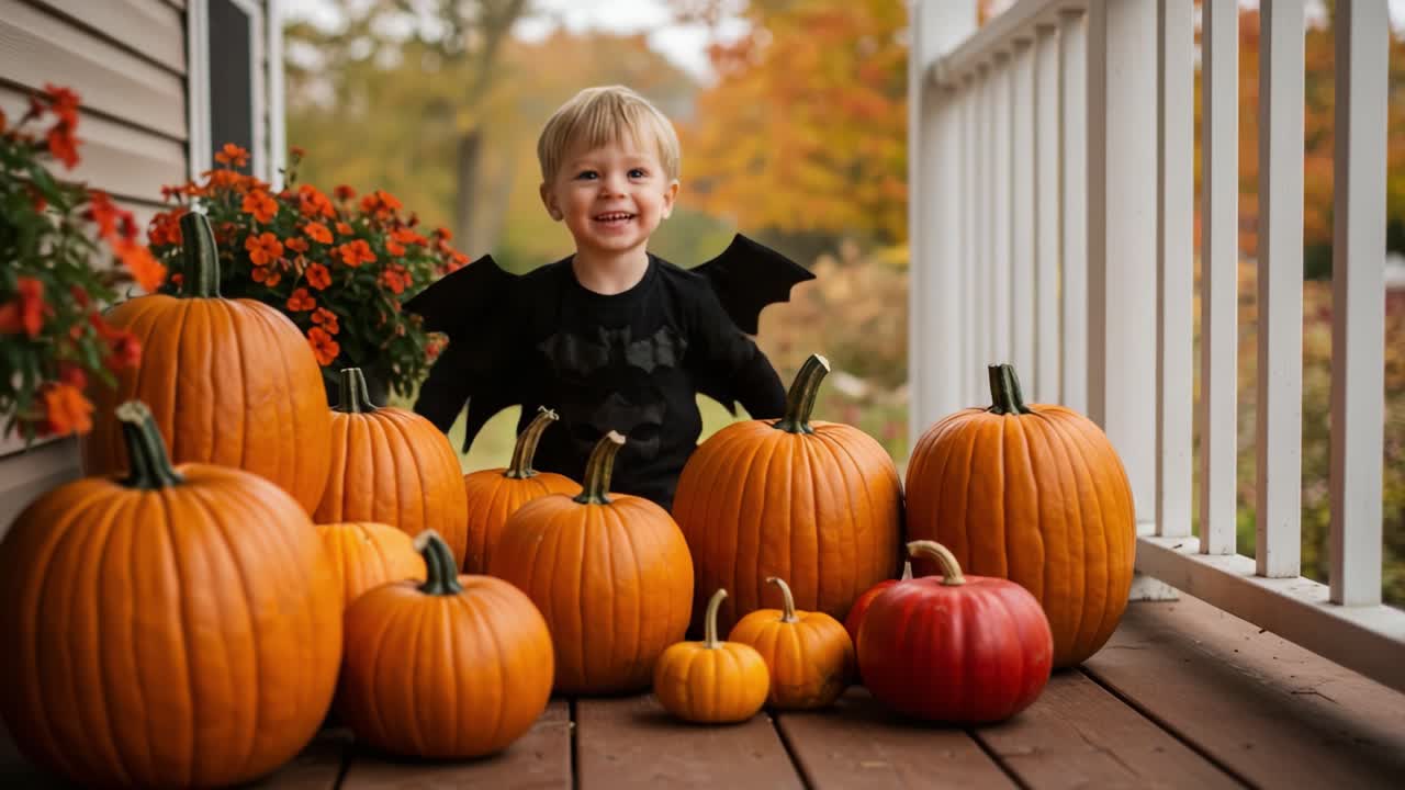 A Joyful Child Dressed as a Bat Surrounded by Vibrant Pumpkins on a Beautiful Autumn Day, Bringing Cheer to the Fall Season