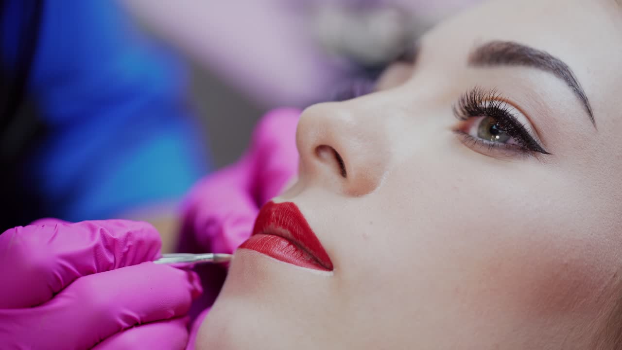 Cosmetic artist applying permanent makeup on lips. Cosmetology procedure. Professional tattooist making permanent make up to a girl. Close-up.