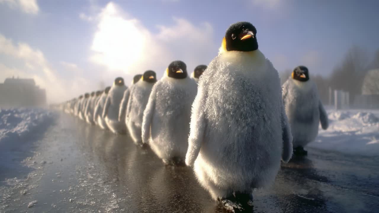 A Spectacular Journey of Emperor Penguins Marching in Formation Through a Snowy Landscape, Capturing the Essence of Their Resilience and Natural Habitat