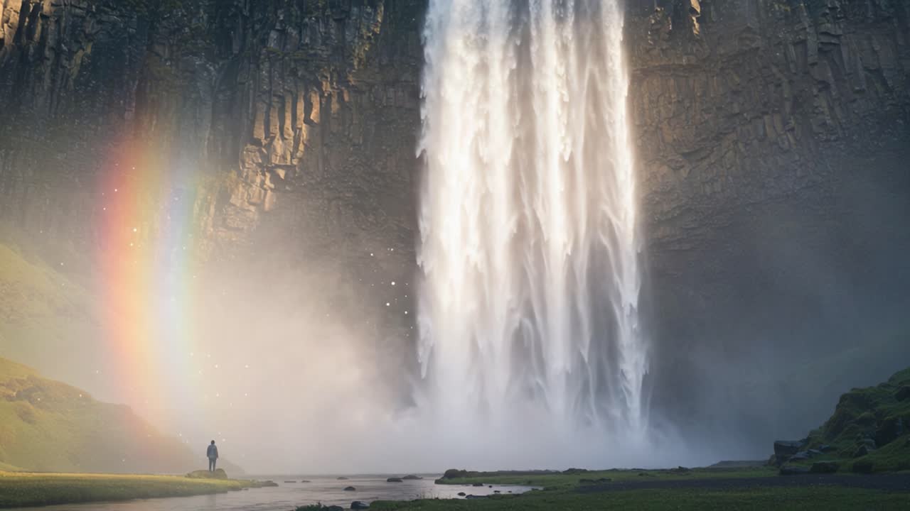 A Serene Waterfall Surrounded by Lush Greenery and a Majestic Rainbow, Capturing the Essence of Nature's Beauty in a Tranquil Landscape