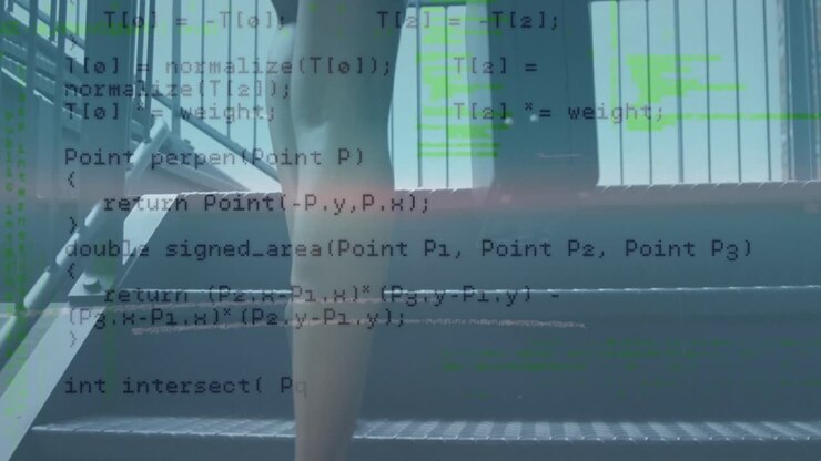 Animation of data processing over caucasian woman on stairs