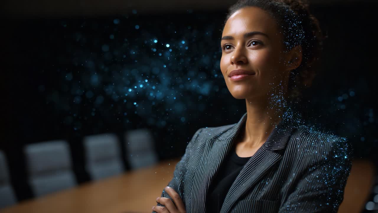 A confident woman presents a futuristic vision in a dimly lit boardroom, showcasing innovation and leadership against a backdrop of digital particles