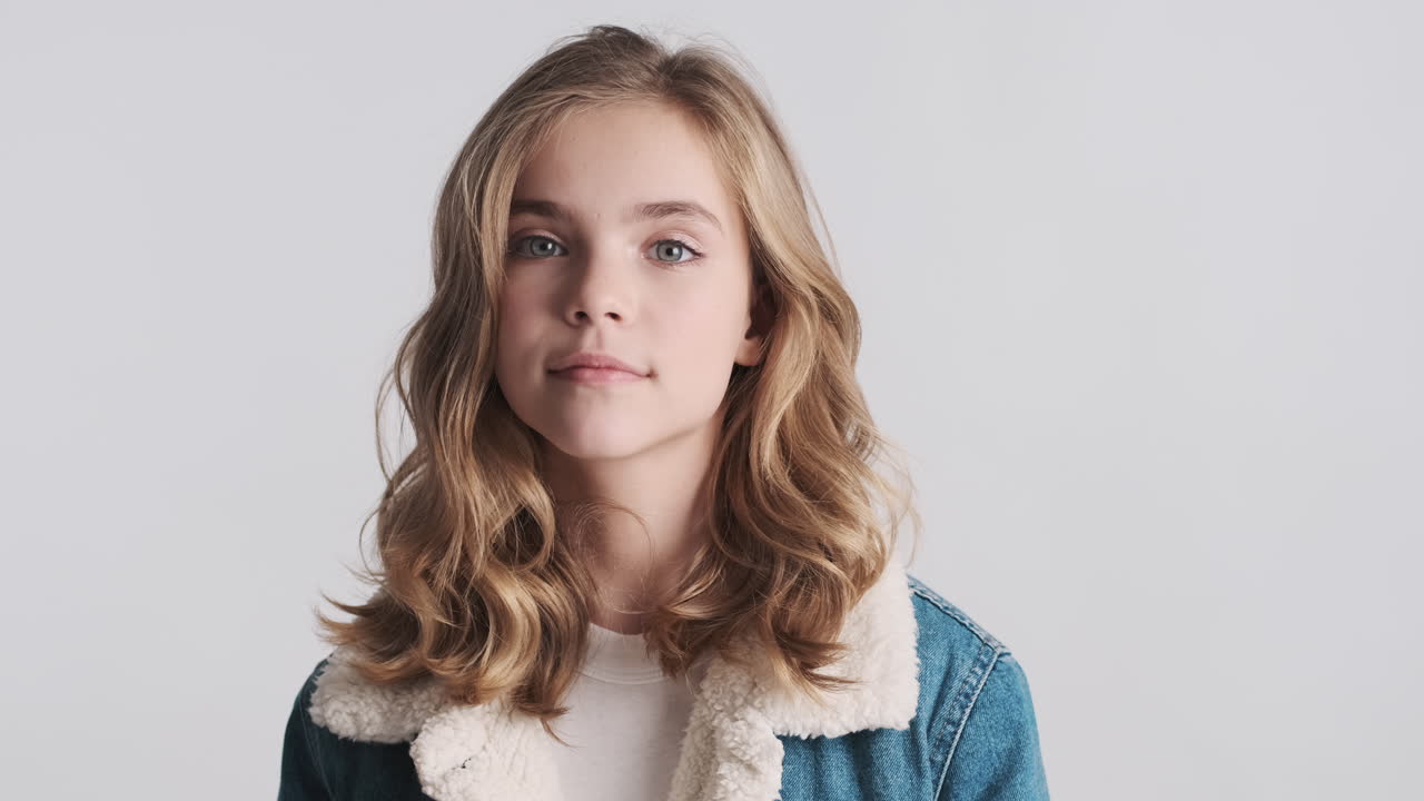 행복한 십대 백인 소녀가 젠임 재을 입고 있습니다.