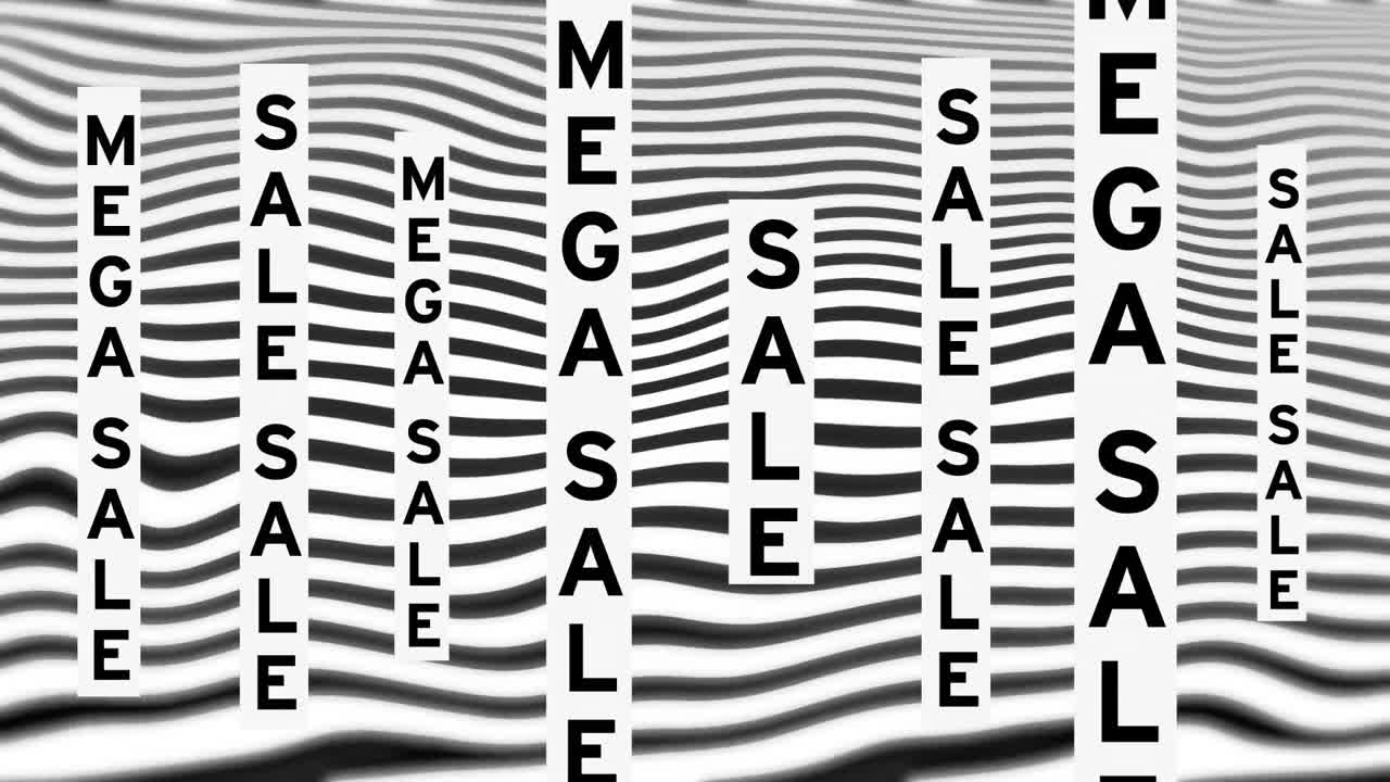 анимация текста и линий мега-продажи на белом фоне.