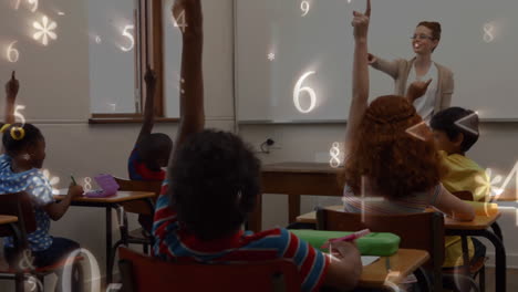 schoolchildren studying while numbers and symbols move