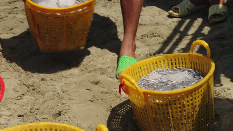 closeup of fresh fishes stored on ice in baskets for maximum freshness