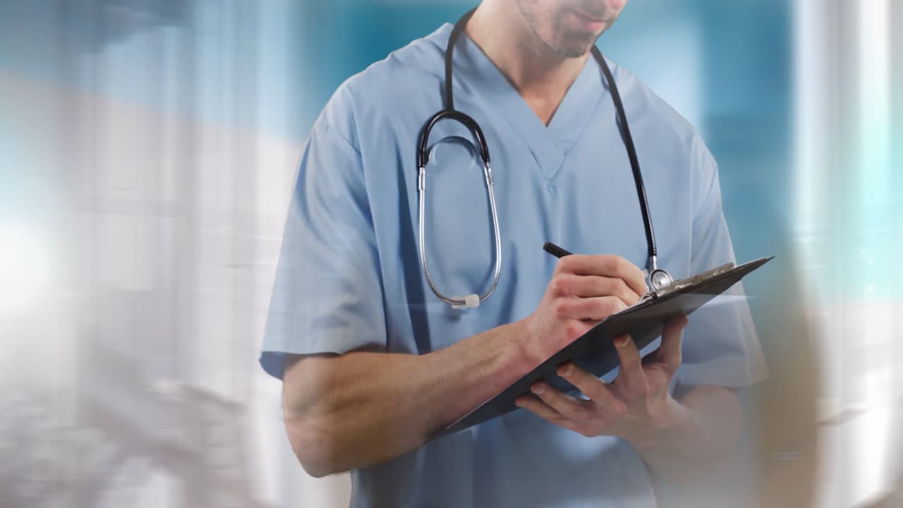 Animation of midsection of male doctor writing on clipboard