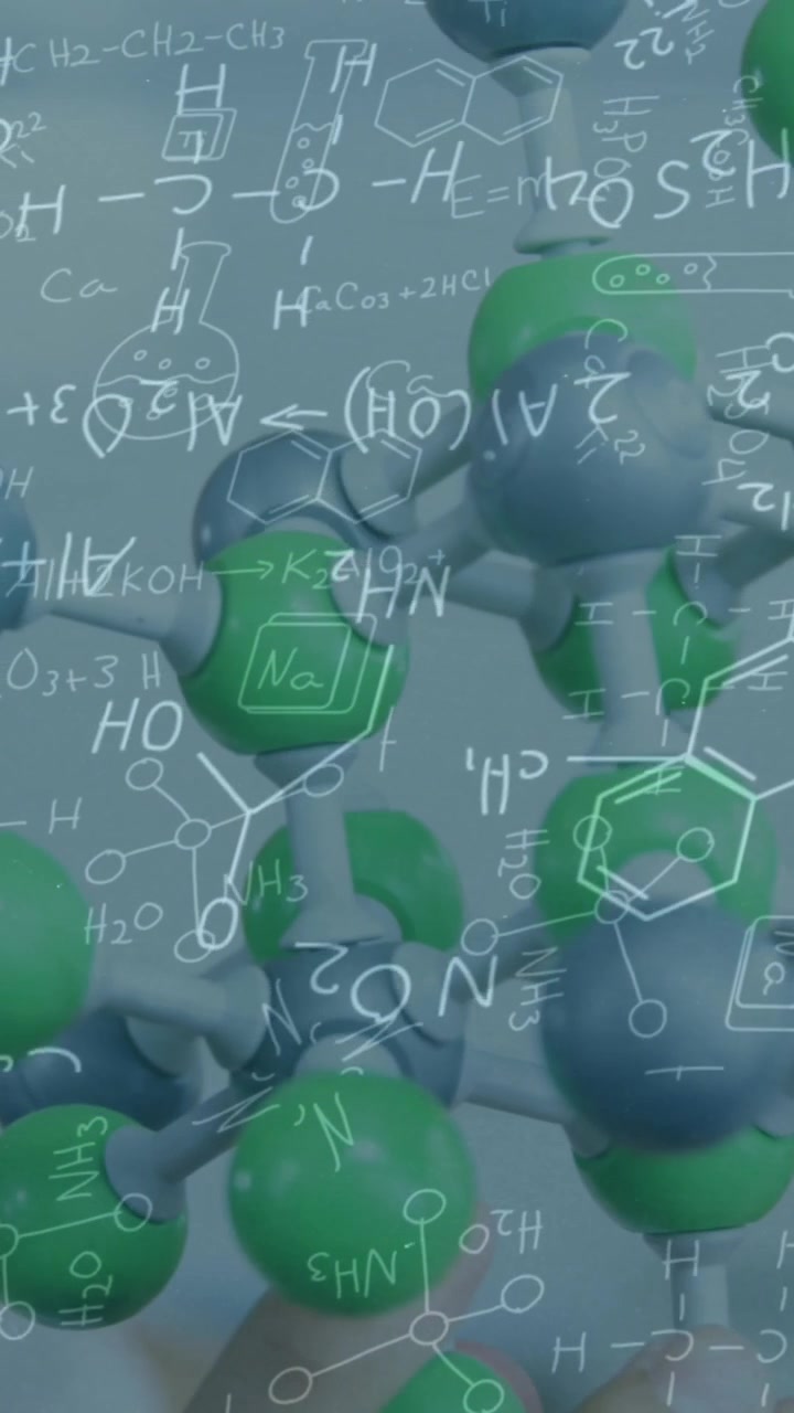 Animation of mathematical equations over woman with models in classroom