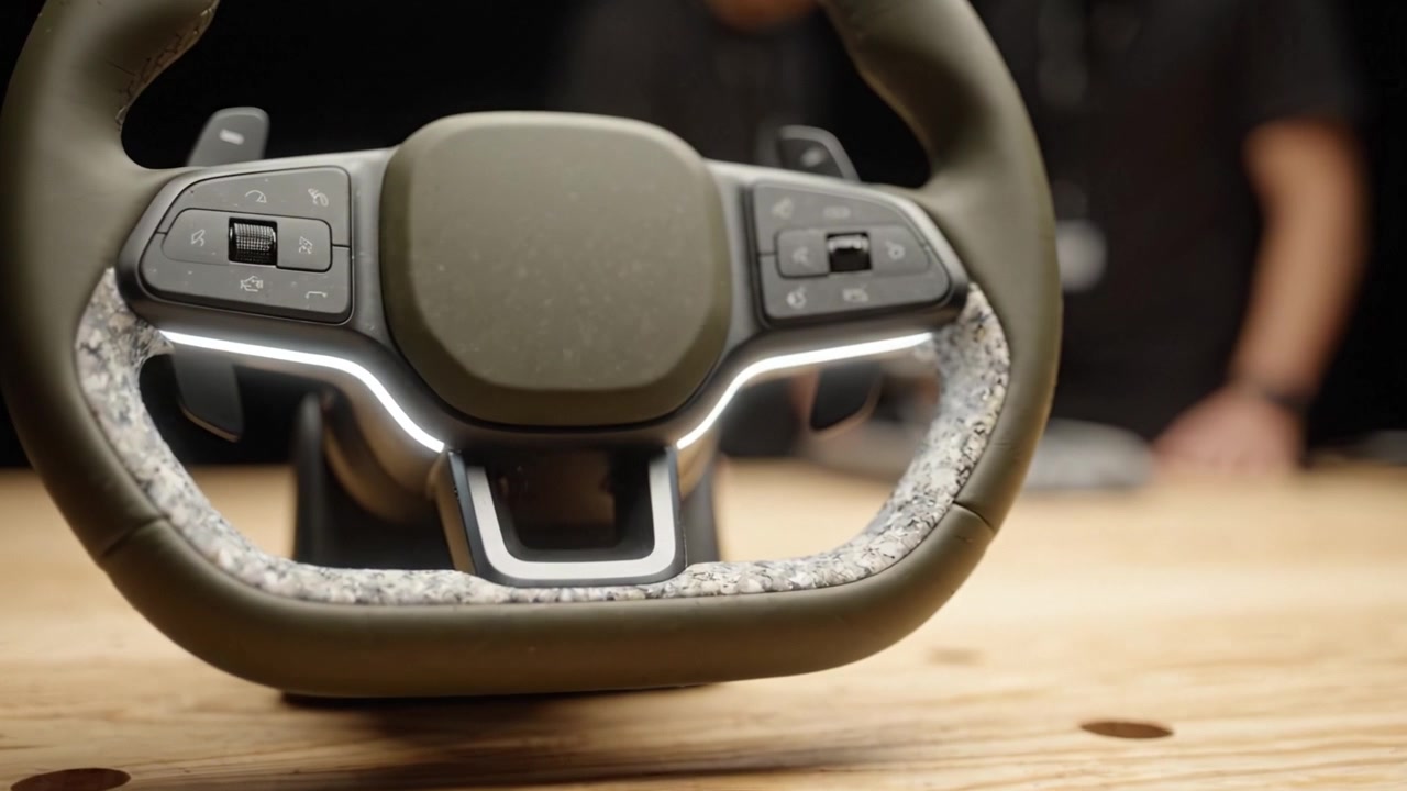 Explorando Designs Inovadores: Um Olhar Atento a um Volante Moderno em uma Mesa de Madeira Rústica com Indivíduos ao Fundo