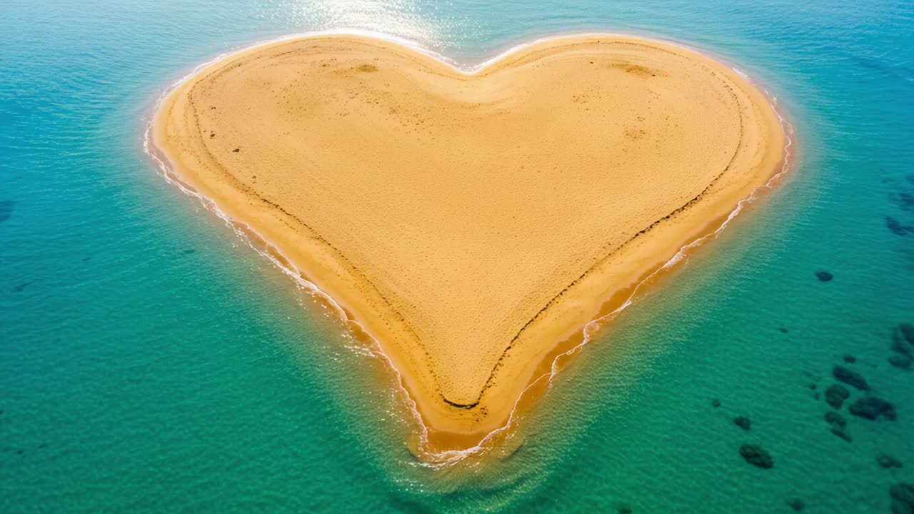 Aerial View of a Heart-Shaped Sand Island Surrounded by Crystal Clear Waters, Perfectly Capturing Nature's Unique Beauty and Romance in a Stunning Tropical Landscape