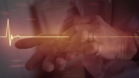 animation of cardiograph over senior caucasian woman with hearing aid