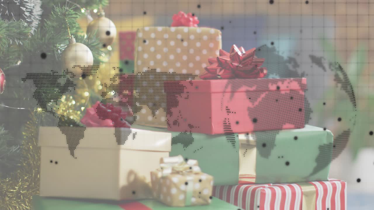 On fade-in dot world map overlay drifting over pastel gift boxes to visualize global connection