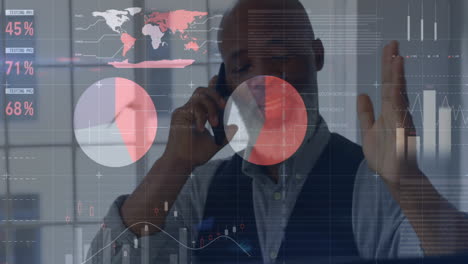 animation of data processing against angry african american man talking on smartphone at office