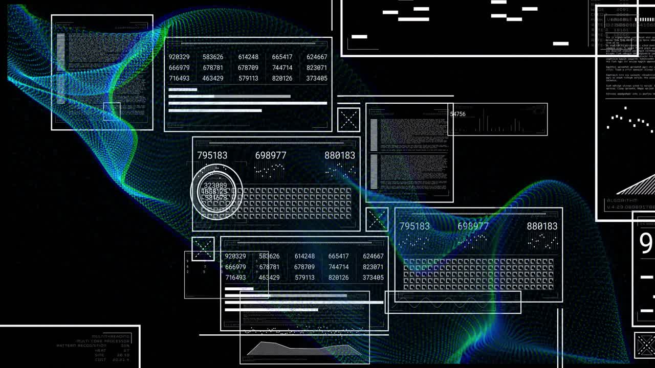 high-tech panels streaming numeric tables, bar charts and code snippets over blue-green mesh waves