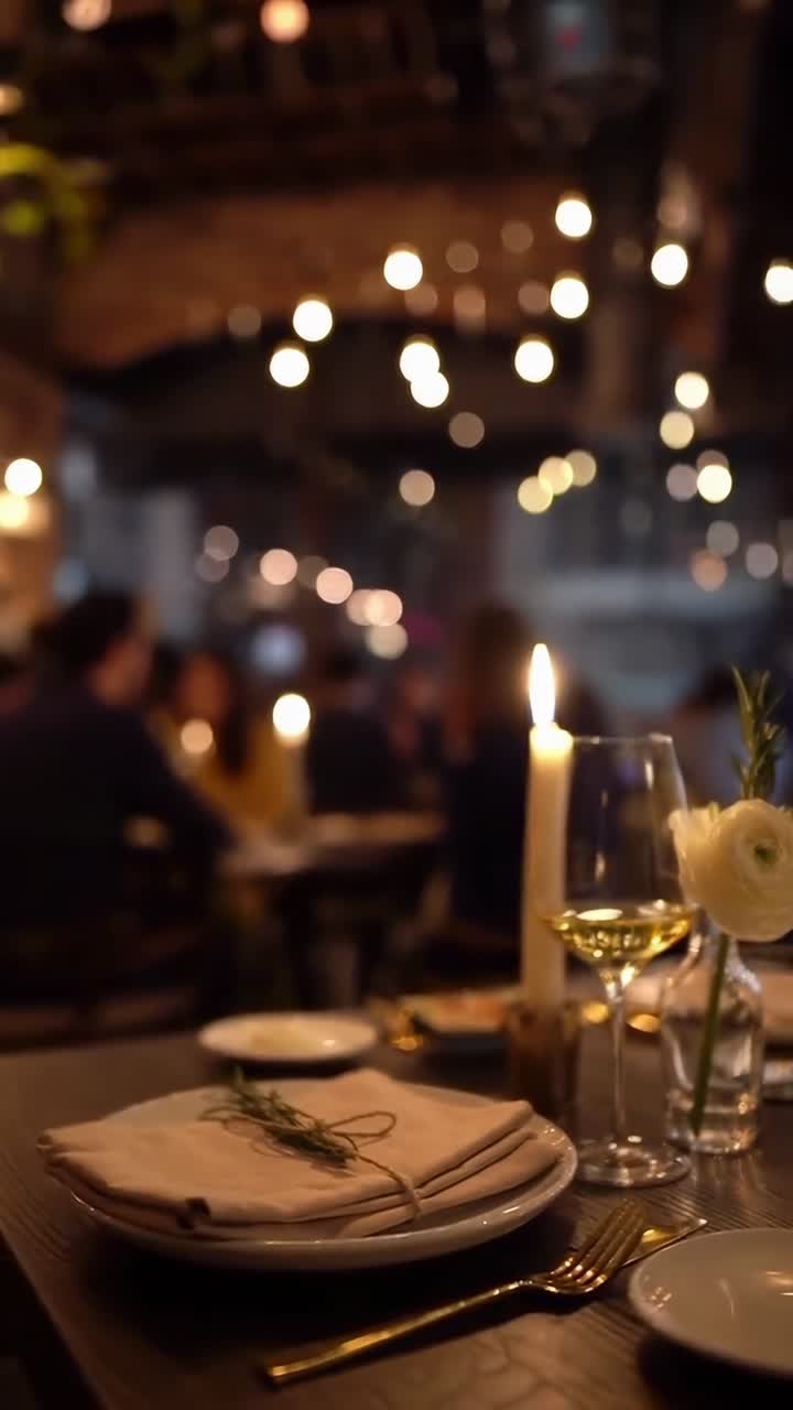 Romantic dinner setting with candles, shot at eye level. Perfect for a cozy video scene