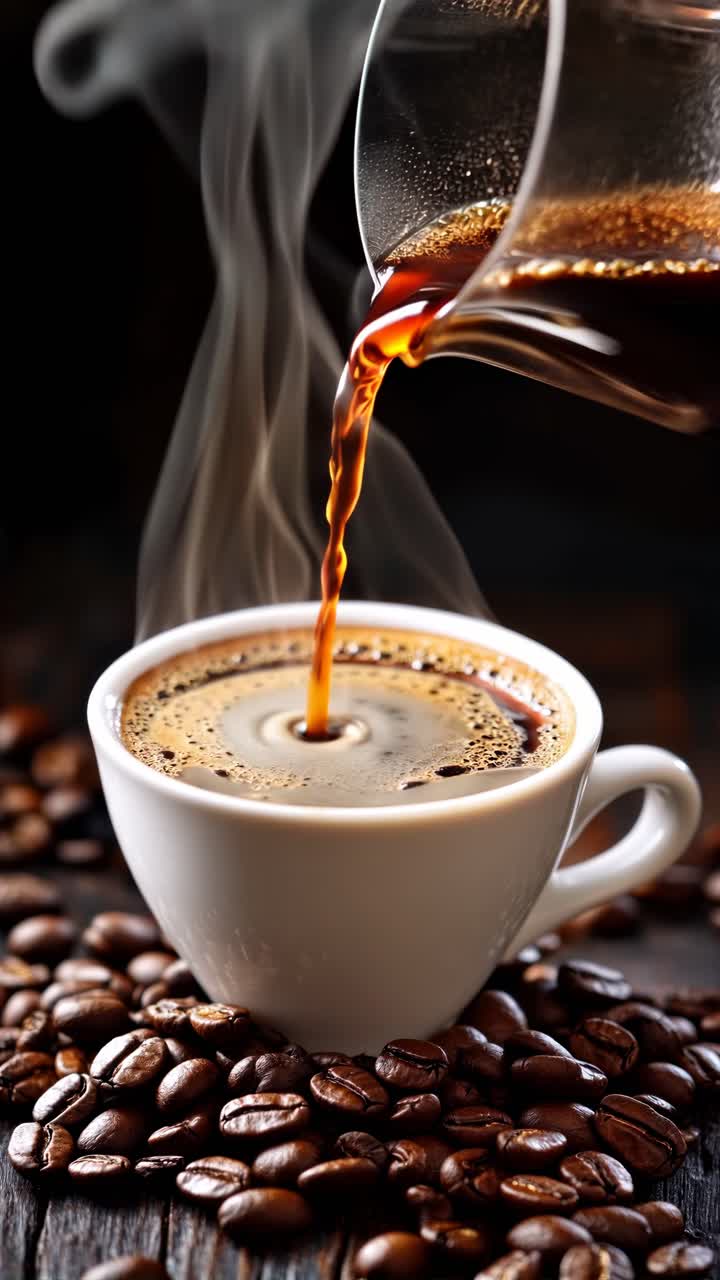 Close-up video angle of steaming coffee being poured into a white cup, surrounded by coffee beans