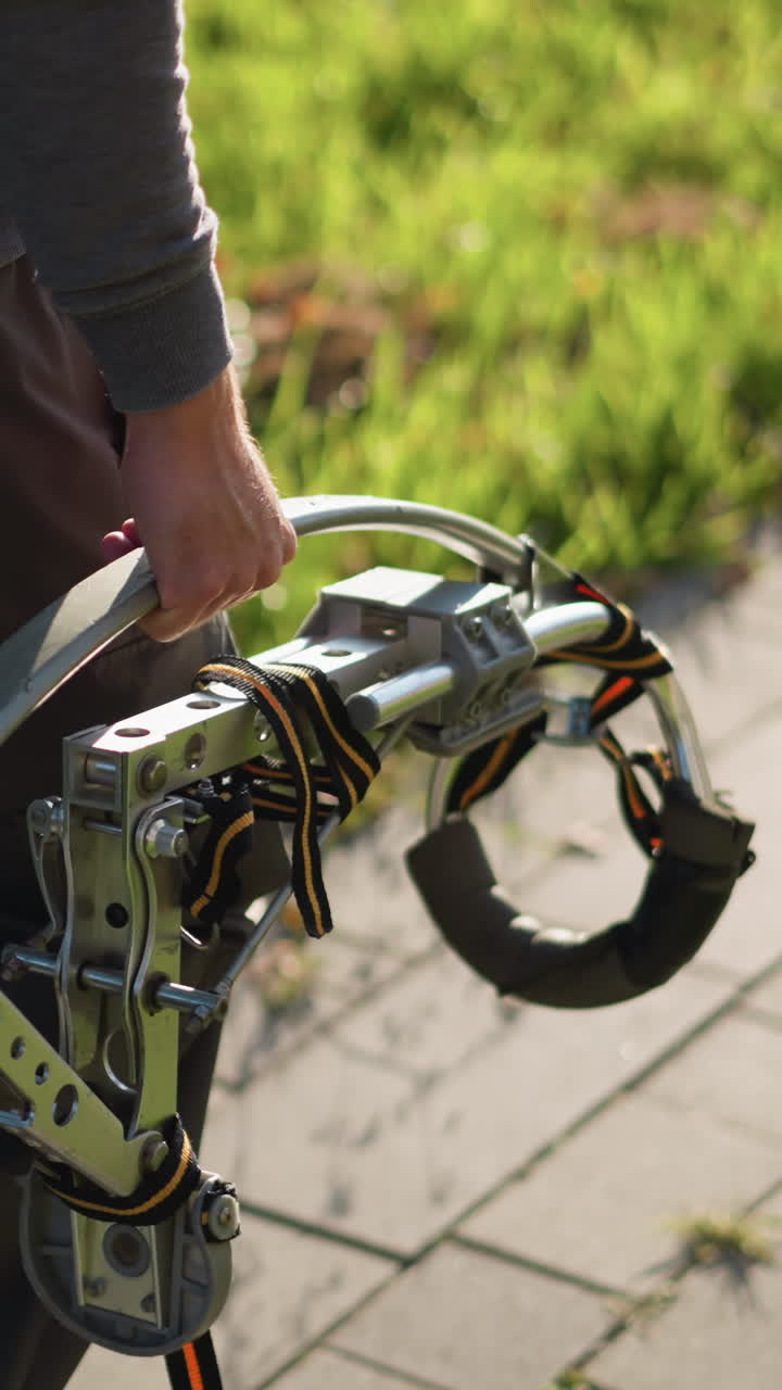 tipo sosteniendo pilotes metálicos cargados de muelles con correas naranjas, con pantalones oscuros, de pie en una superficie pavimentada con fondo de hierba, haciendo hincapié en equipos innovadores y entorno al aire libre con dinámica