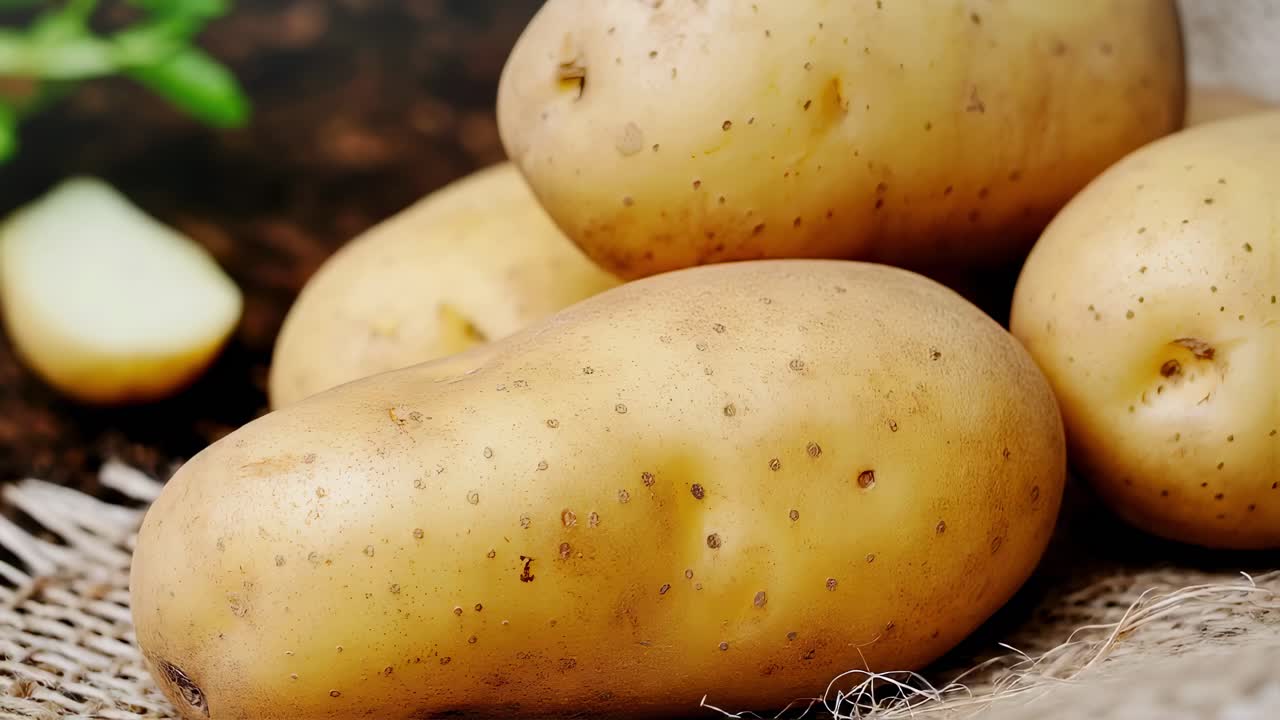 Raw organic potatoes resting on coarse jute fabric, highlighting natural textures and earthy qualities of farm fresh root vegetable against soft rustic background