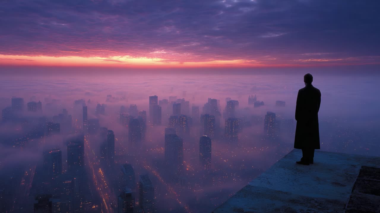 A solitary figure stands on the edge of a skyscraper, overlooking a breathtaking city skyline shrouded in mist and illuminated by a stunning sunrise, evoking feelings of introspection and wonder