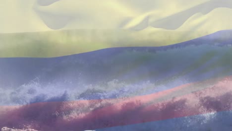 animación de la bandera colombiana ondeando sobre una playa soleada