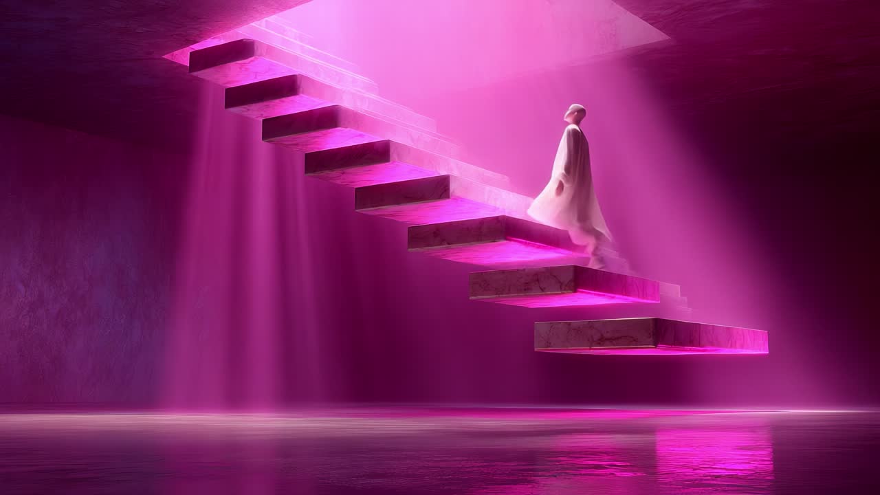 A ethereal figure gracefully ascends a luminous staircase illuminated by vibrant pink light beams, creating a surreal atmosphere of mystery and intrigue in a dreamlike setting of soft reflections and deep shadows