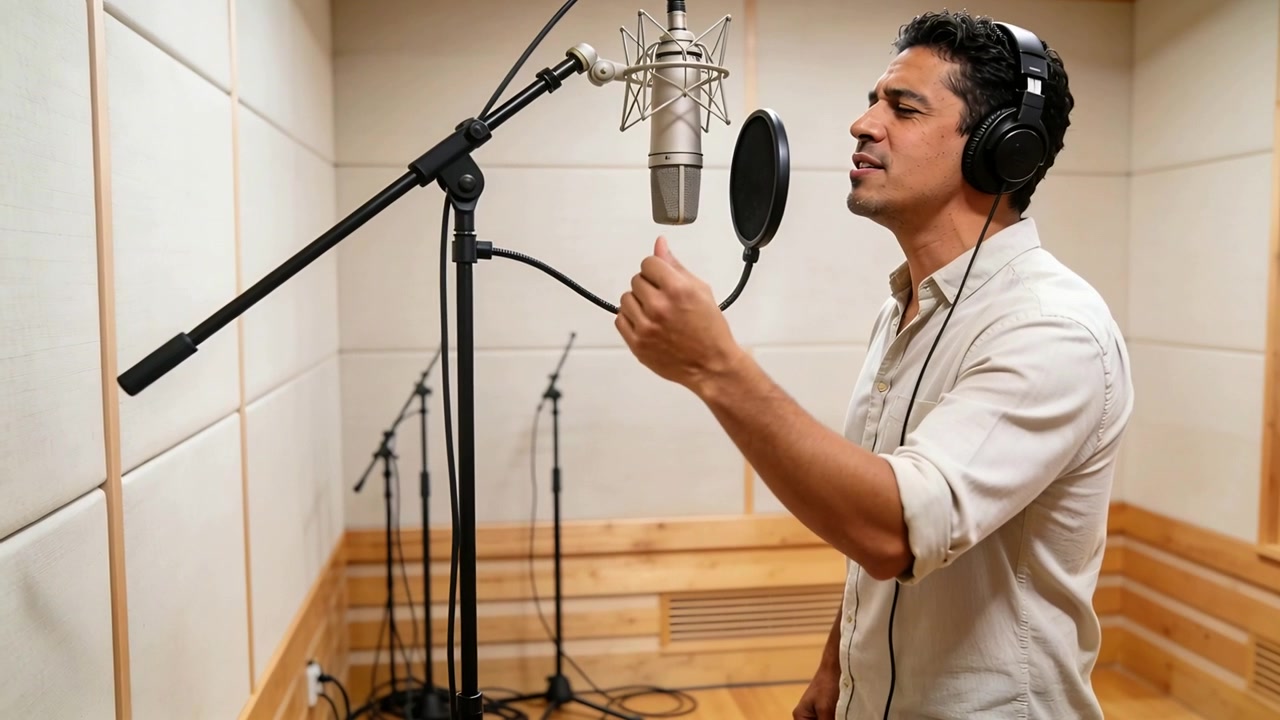 Vocalista che canta ed esegue una ripresa vocale in una cabina di registrazione, con microfono a condensatore e filtro anti-pop, spazio per il testo.