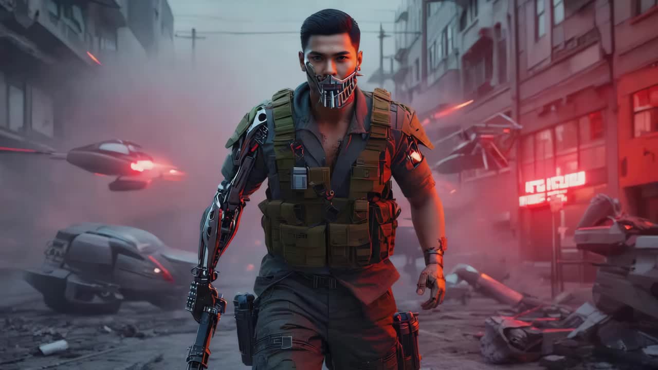 Cyberpunk Soldier in a Dystopian City