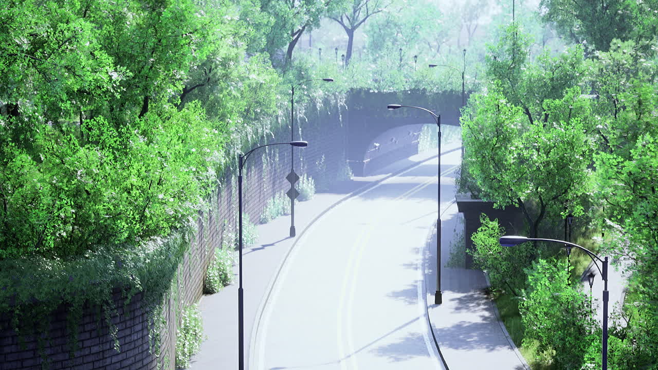 Greenery surrounds a calm road under an arching bridge