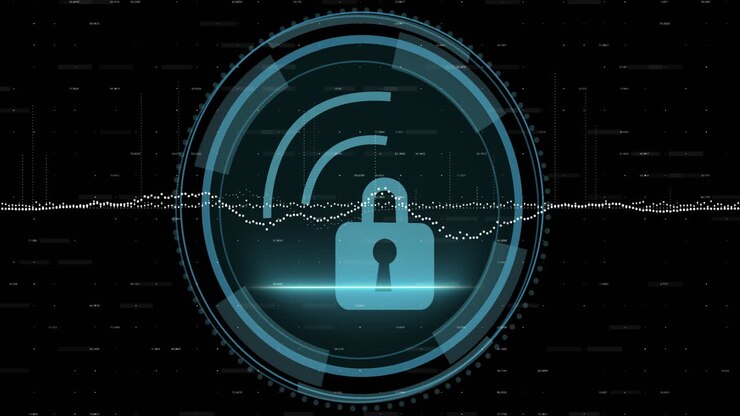 Animation of padlock and scope scanning over data processing
