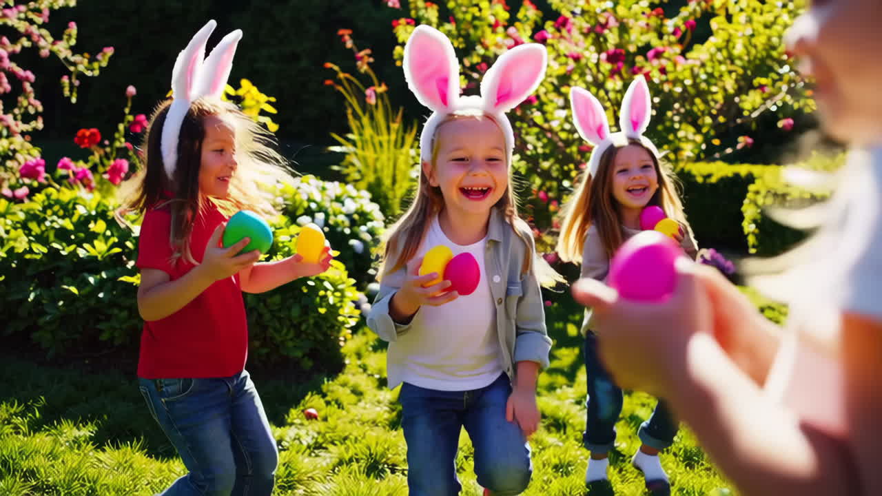 Children enjoying an Easter egg hunt in the garden