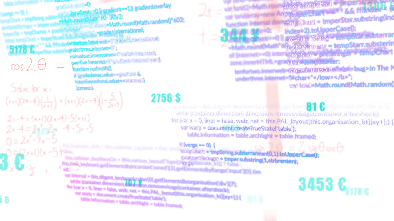 Animation of mathematical equations and programming code overlapping on digital screen