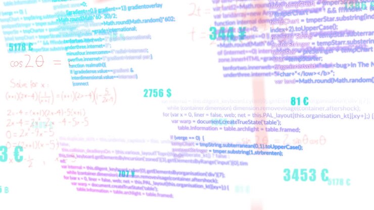 Animation of mathematical equations and programming code overlapping on digital screen