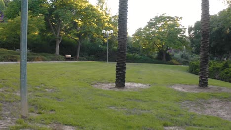 smooth shot of a park walkway in the sunset