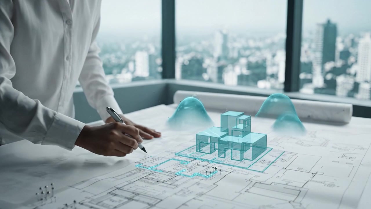 Detailed Architectural Plans Being Reviewed in a Modern Office Overlooking a City Skyline, Reflecting the Precision and Creativity of Design Work