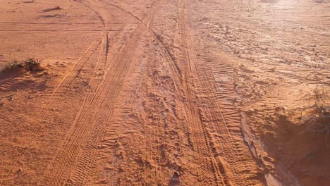 four wheel drive tracks in red sandy landscape of wadi rum arabian desert in jordan, middle east