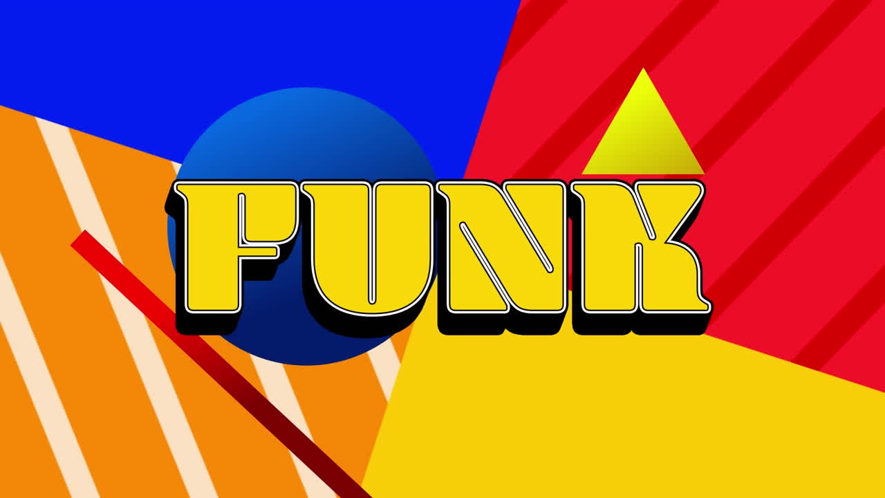 animación digital de texto funk sobre formas abstractas de colores en el fondo