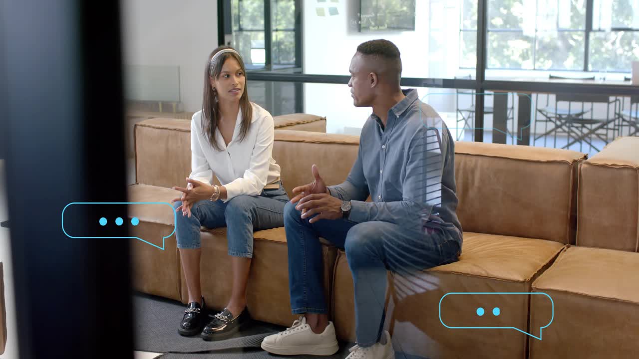 Man joining couch and woman listening in office, chat bubbles syncing with sharing ideas