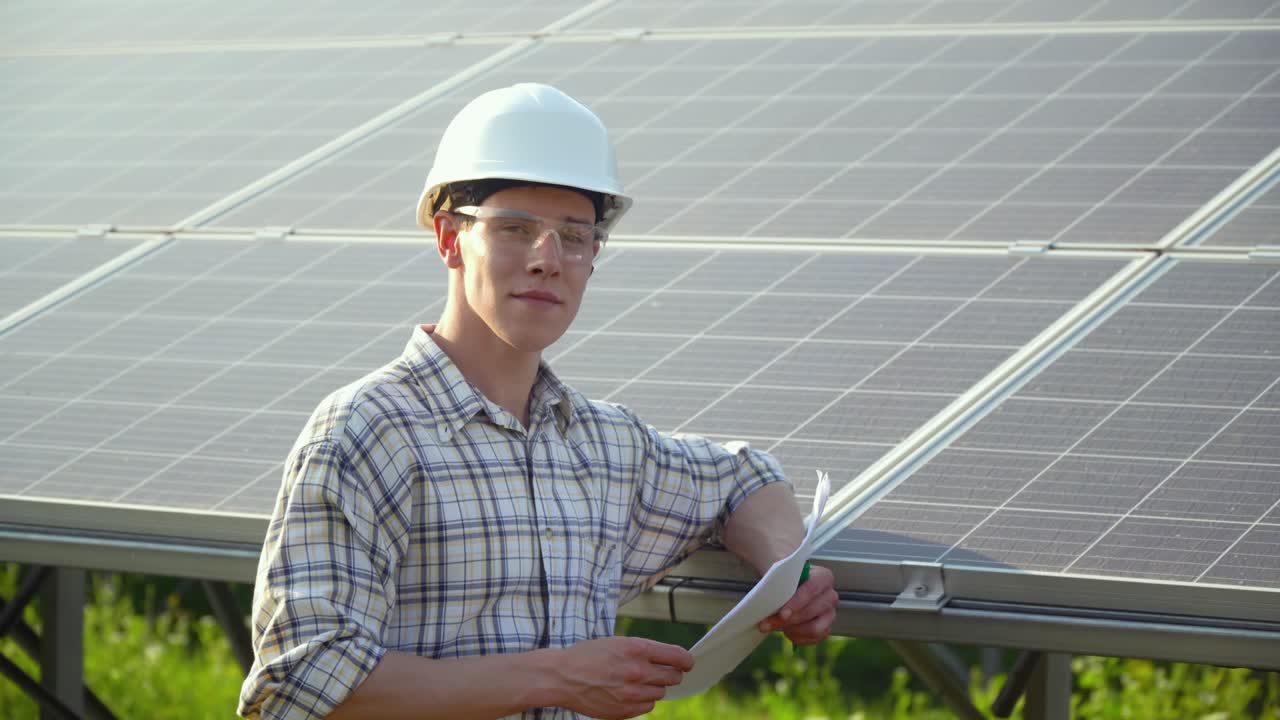 Engineer in a white helmet is at the solar power station. Alternative energy concept